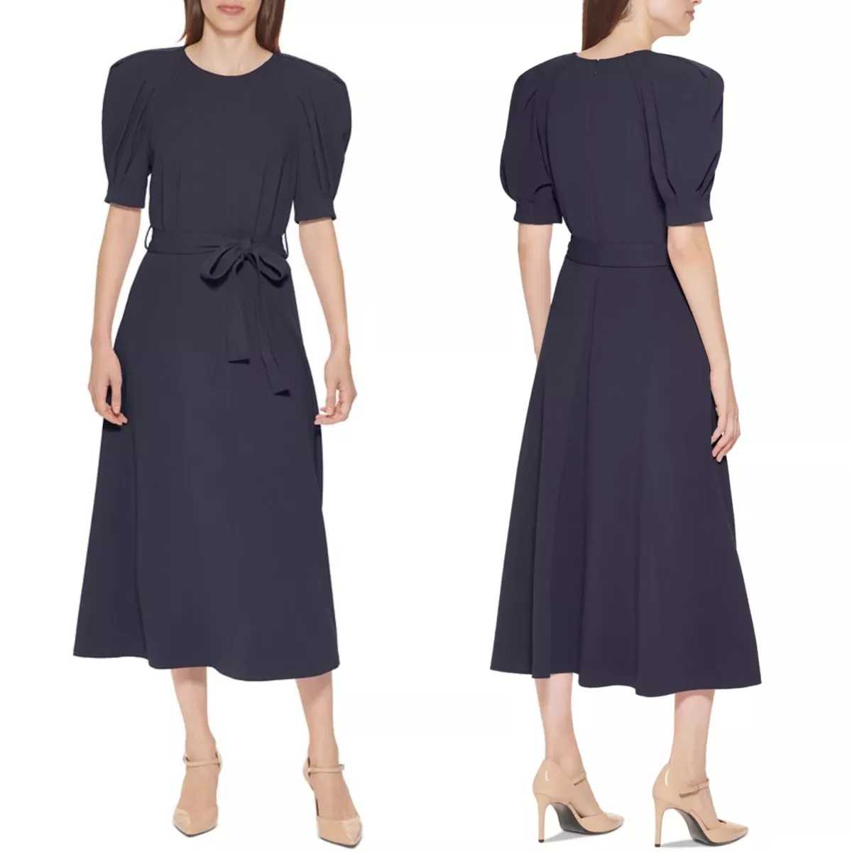 NEW CALVIN KLEIN Navy CREPE Pleated PUFF SLEEVE Belted TEA LENGTH