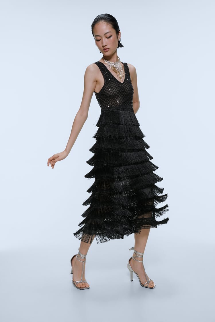 Zara Women Limited Edition Fringed Dress Black Ref 2712/460 Sz M