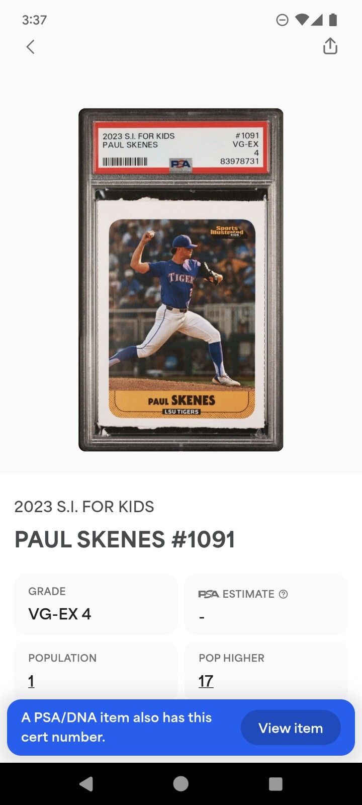 Paul Skenes 2023 S.I. for Kids Rookie 1091 PSA 4 1 MLB Draft Pick