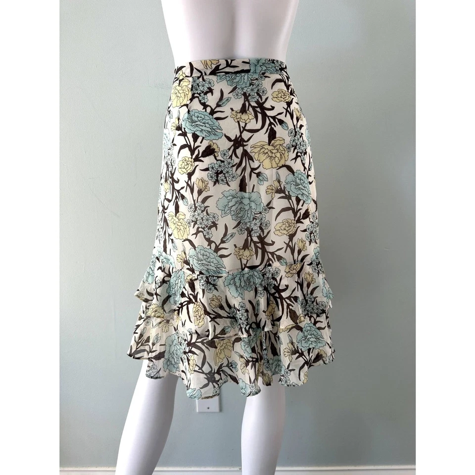 Y2K Floral Ruffle Midi Skirt Cream Blue Yellow Brown Vintage Garden Party Skirt - Image 2 of 4