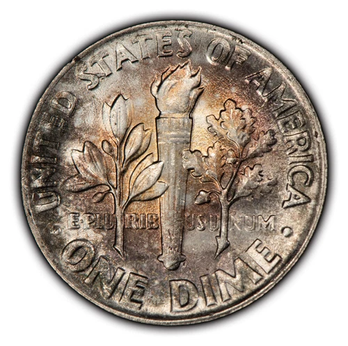 1963 10c Roosevelt Silver Dime - Watercolor Rainbow Toning - BU - SKU-Y5384