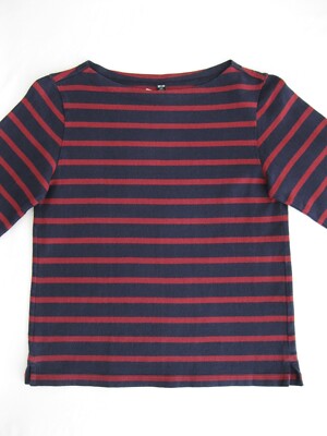 UNIQLO Navy Red Cotton Striped Boat Neck Long Sleeve T Shirt Tee