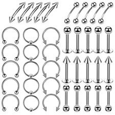 40pcs Nose Ring Hoop Lip Tongue Tragus Navel Belly Barbell Piercing Kit 16G
