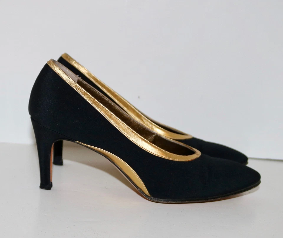 YVES SAINT LAURENT black crepe de chine and metallic gold shoes YSL 5.5 M - Image 3 of 4