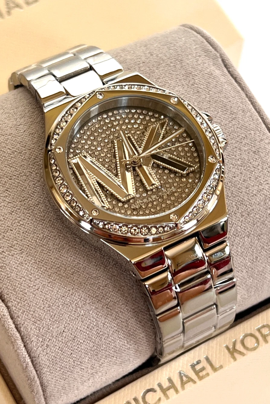 Orologio MICHAEL KORS MK7234 Lennox Pave Glitz cristallo tono argento nuovo con etichette G Box $295