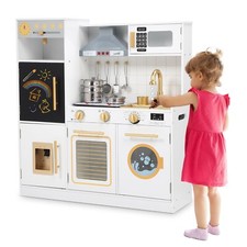 Wooden Kids Play Kitchen, Upgrade Chef Pretend Play Kitchen with Real Lights ...