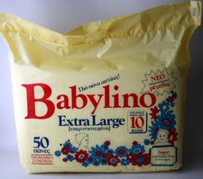 VINTAGE 70'S GREEK BABYLINO 50X EXTRA LARGE DIAPERS 10kg/22lbs 2 SLIPS BIBS NEW