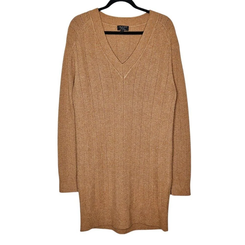 Rag & Bone Durham Cashmere Camel Brown Herringbone Knit V Neck Mini Dress XS - Image 3 of 4