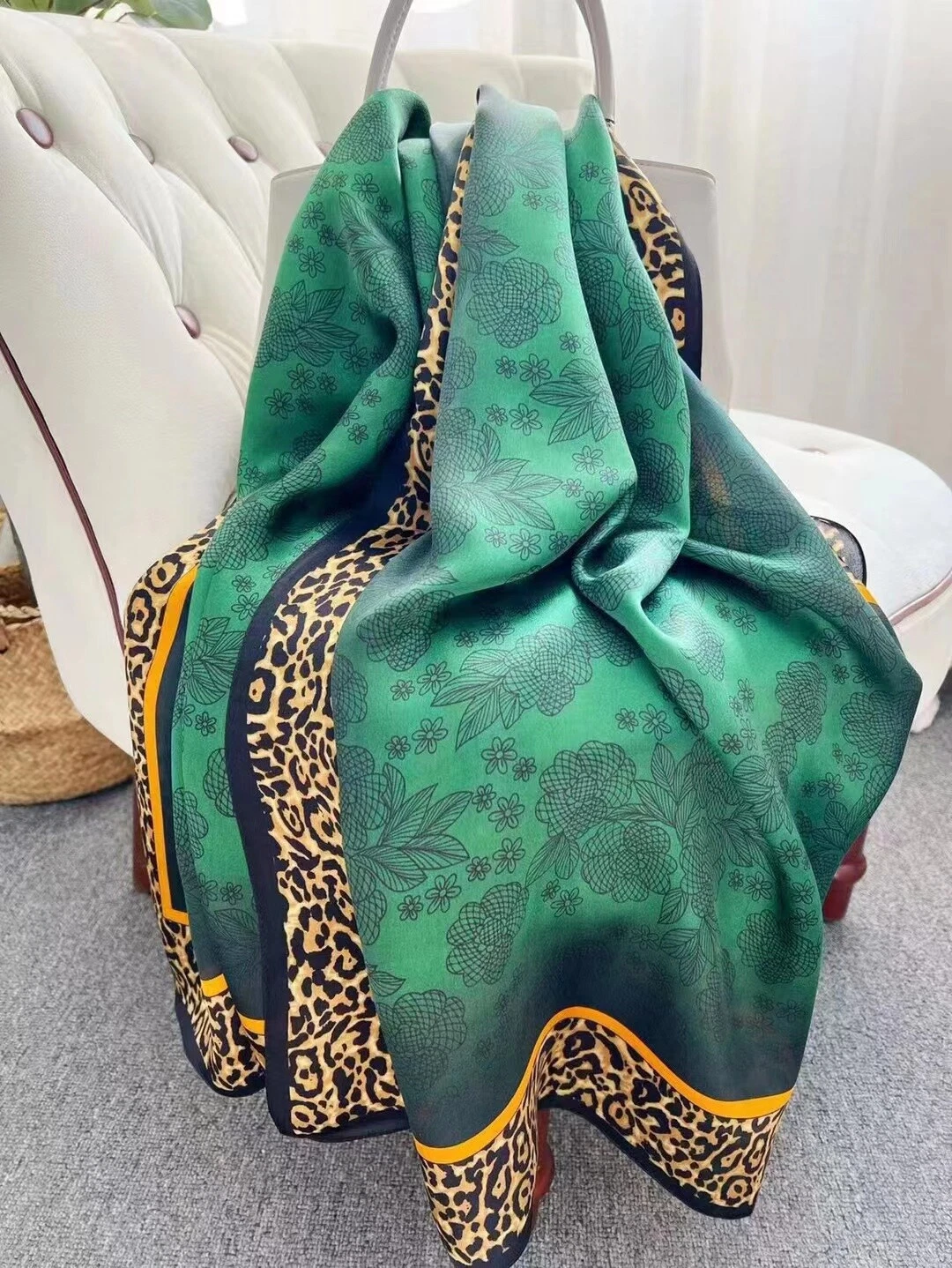 100% Real Silk Womens Rectangle Scarf Shawl Green Color Leopard Scarves 69"x26"