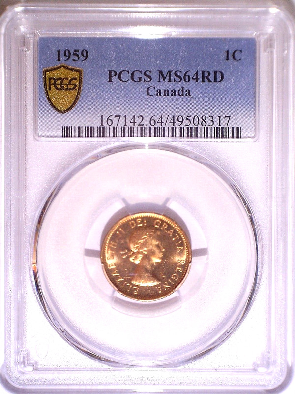 1959 PCGS MS64RD Canada Small One Cent - 1C - Gold Shield/NFC Holder - Penny