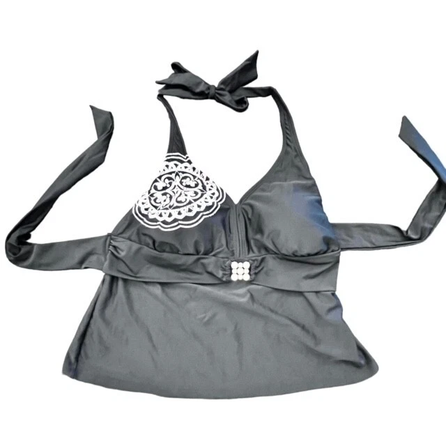 Tankini Halter Tankini Desteñido Glory Negro Sin Espalda Frontal Metal Decoración Talla 1X Foto 3 de 4