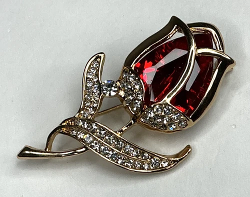 Vintage Goldtone & Red/Clear Rhinestone Tulip/Flower Brooch