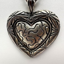 Vintage Silver Tone Ornate Scrollwork Puffy Heart Pendant Necklace Boho Western