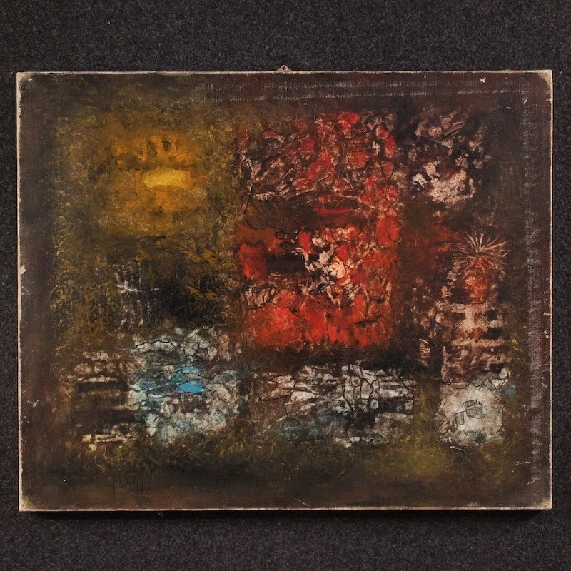 Pintura abstracta estadounidense óleo lienzo cuadro firmado J. Wolff siglo XX.