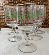 Set 6 Vintage ARBY’s Christmas Holly Berry Wine/Water GOBLETS Bow Stem gold trim