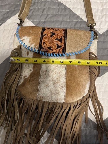 Leather Crossbody Bag W/Hsir On Cowhide Teal Lacing & Fringe NEW - Picture 12 of 14