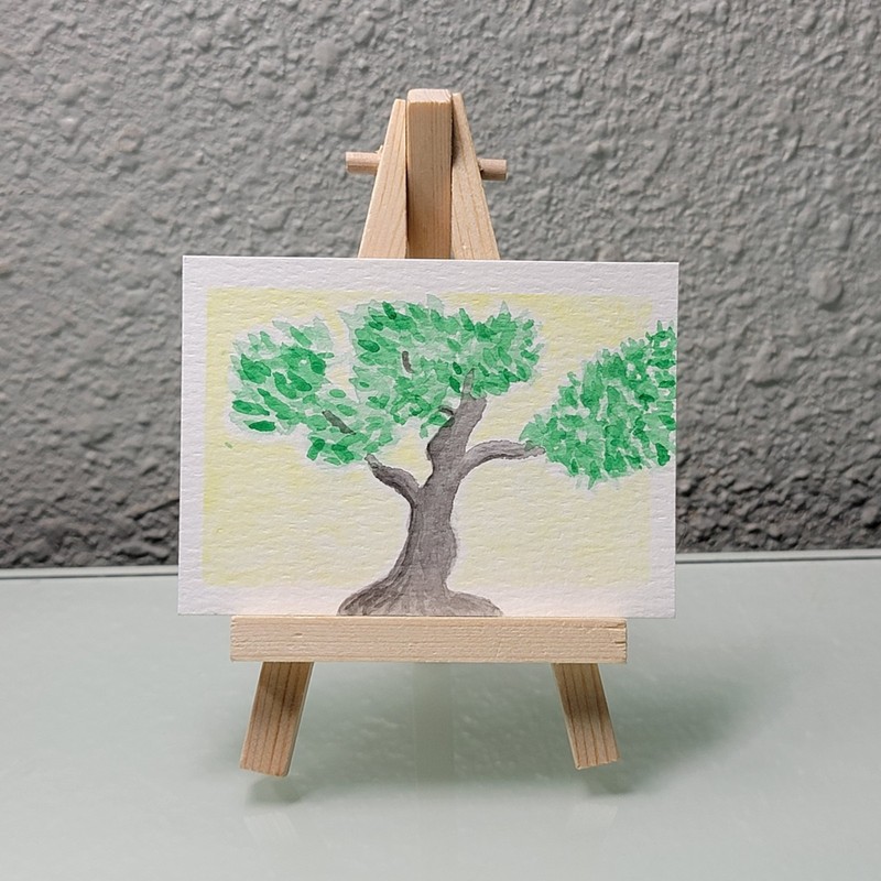 ACEO Original Watercolot Painting Green Bonsi Tree Series 1/3 KatieBearDesigns
