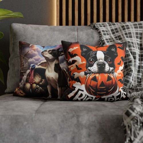 Boston Terrier Pillow Cover Double Sided Halloween Thanksgiving 4 Sizes - Picture 2 of 18