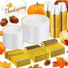 WELLIFE 600 PCS Gold Disposable Dinnerware Set for 100 Guests, Gold and White...