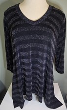 Karen Kane Women's 1X Metallic-Tinged Stripes Black 3/4 Sleeve Handkerchief Top 