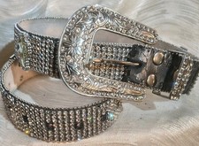 Nocona Rhinestone Cowgirl Belt Lrg. Bejeweled Leather Silver Buckle Superb Cond.