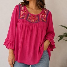 Figueroa  Flower Embroidered Boho Peasant Blouse Women's Medium Rayon Blend