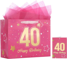 13" Pink 40th Birthday Gift Bag with Tissue Paper and Greeting Card for Party,Ha