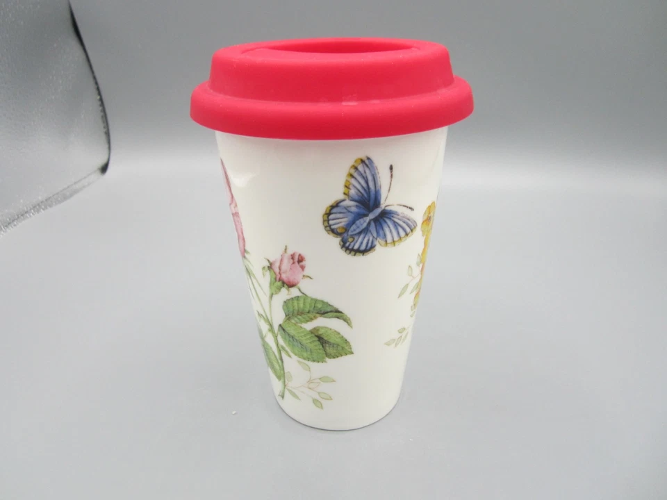 Taza de viaje Lenox Butterfly Meadow blanca multicolor floral porcelana 12 oz (282) Foto 3 de 4
