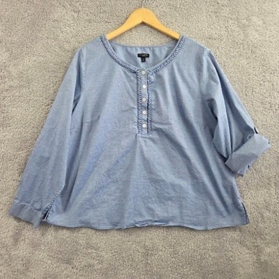 Talbots Women's 2X Blue Chambray Top Popover Cottage Roll Tab Sleeves Coastal