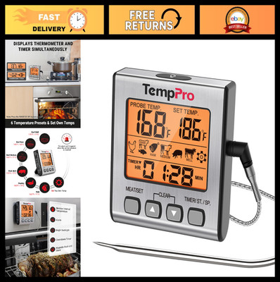 Digital Meat Thermometer for Cooking & Grilling, BBQ Probe with Backlight & Time
