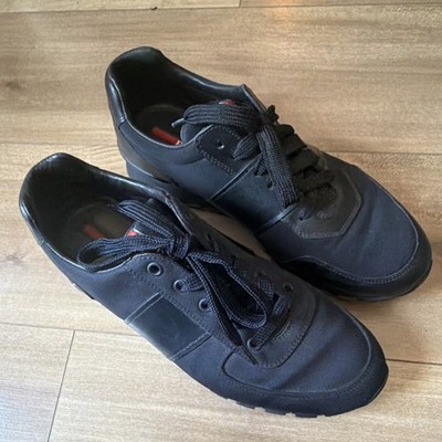PRADA Black Leather Sneakers Men's 8.5 Designer Low Top Lace Up