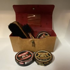 Vintage Used Kiwi Shoe Shine Kit Black Brown with Brushes Wood Metal Case