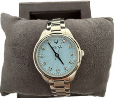 Bulova Sutton Blue Diamond Dial Women's Stainless Steel Watch 28mm 96P250