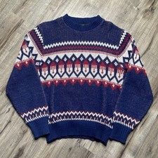 Vintage Abstract Knitwear Jumper Pullover Patterned Grandad Blue Sweater
