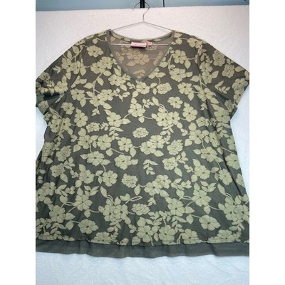 EVRI Burnout Floral Top Women 3X Olive Green Mesh Trim V-Neck Goblincore Earthy