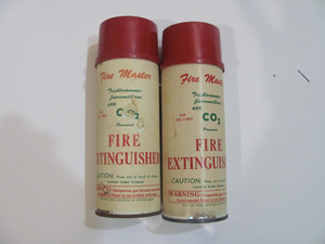 vintage paper over metal co2 fire master extinguisher can set of 2 some contents