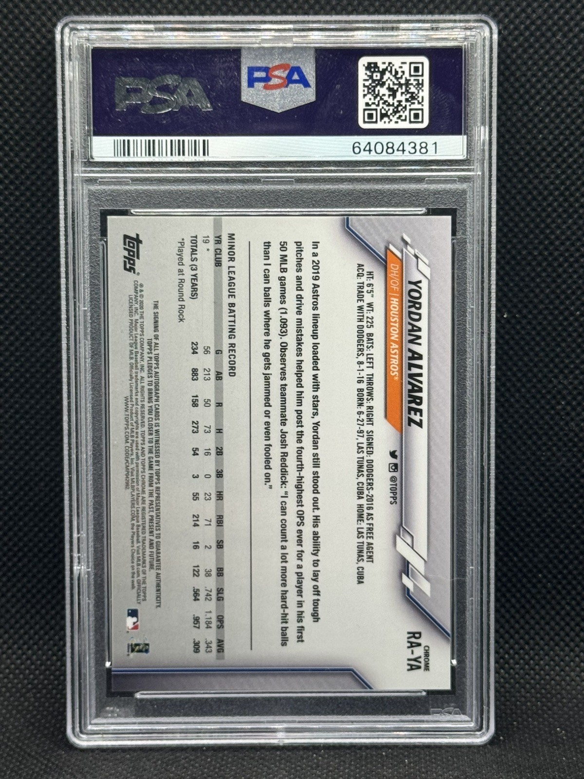 2020 Topps Chrome Sapphire U/D MLB Rookie YORDAN ALVAREZ RC PSA 10 ASTROS view 2