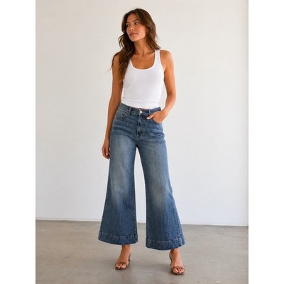 Frame Donna High Rise Cropped Jeans Size 33 Blue Denim Wide Leg Western Casual