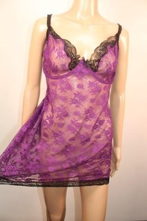 VTG M&S PURPLE & BLACK ULTR SHEER LACE FULL SLIP UNDERWIRE CHEMISE XL MINI