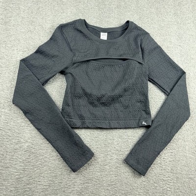 JoyLab Women Black Diamond Textured Cutout Long Sleeve Crop Top Size Medium