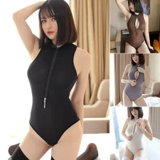 Women Sheer 2-Way Zip Front & Crotch Lingerie High Cut Leotard Bodysuit Jumpsuit