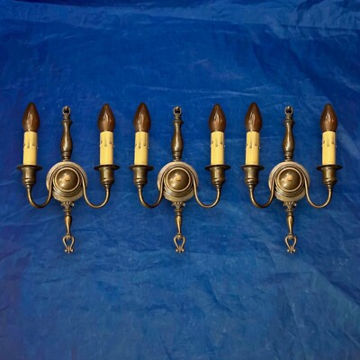 Set of three antique brass double candle sconces Beautiful Original Patina 18F