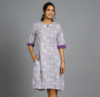 Women 3/4 Sleeves Cotton Printed Midi Dress Purple Colored Round Neck  Sundress | eBay