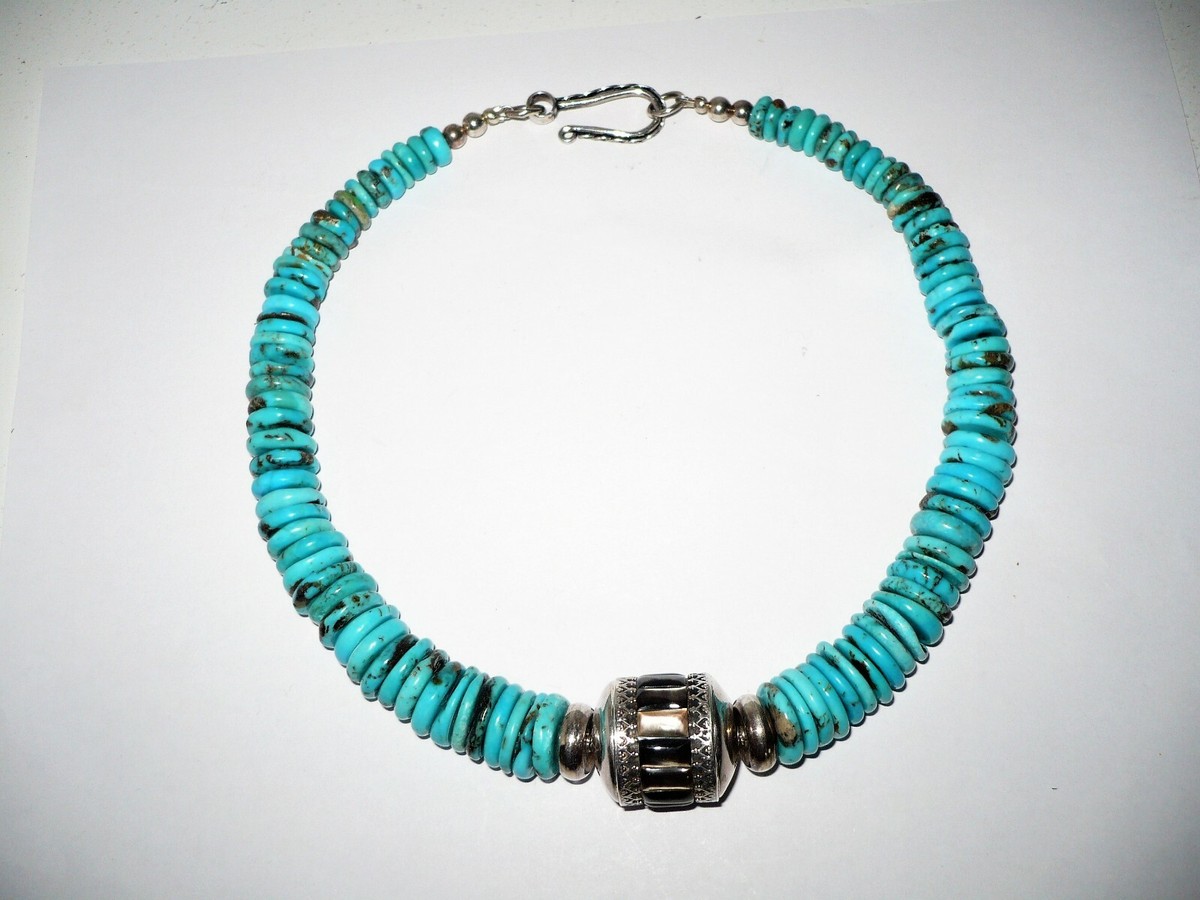 Vintage Signed KC Sterling Silver Turquoise Disks Mother Of Pearl Heavy Necklace