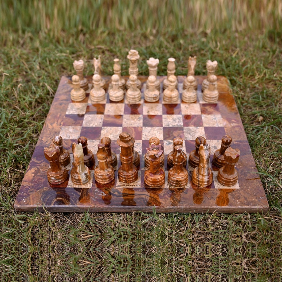 Set Pezzi Scacchi In Pietra Multi Corallo – Stile Staunton – Ponderati – Senza Scacchiera - Foto 2