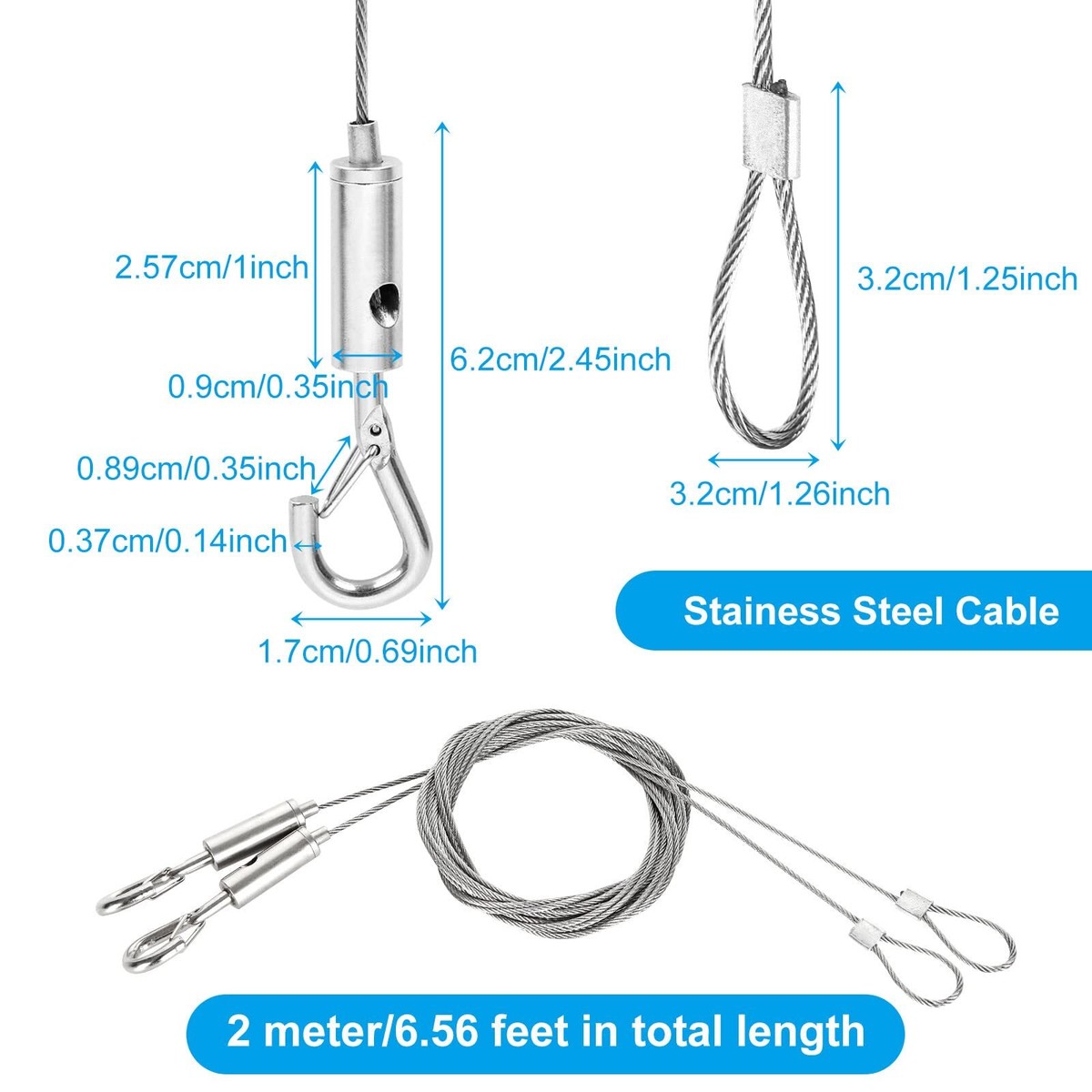 OIIKI 2pcs Adjustable Picture Hanging Wire, 2M Stainless Steel, Up To 20KG, Silver