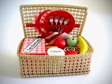 dollhouse doll house miniature VINTAGE PICNIC BASKET FOOD FRUIT PLATE FORK