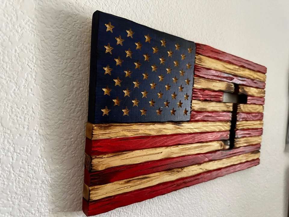 Handmade Rustic Wooden American Flag with Cross 10" x 18" - Image 4 of 4