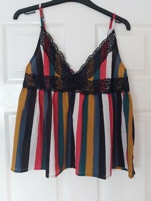 D65 WOMANS VERA & LUCY MULTICOLOUR STRAPPY V NECK LACE TRIM FLARE CAMI TOP UK XS
