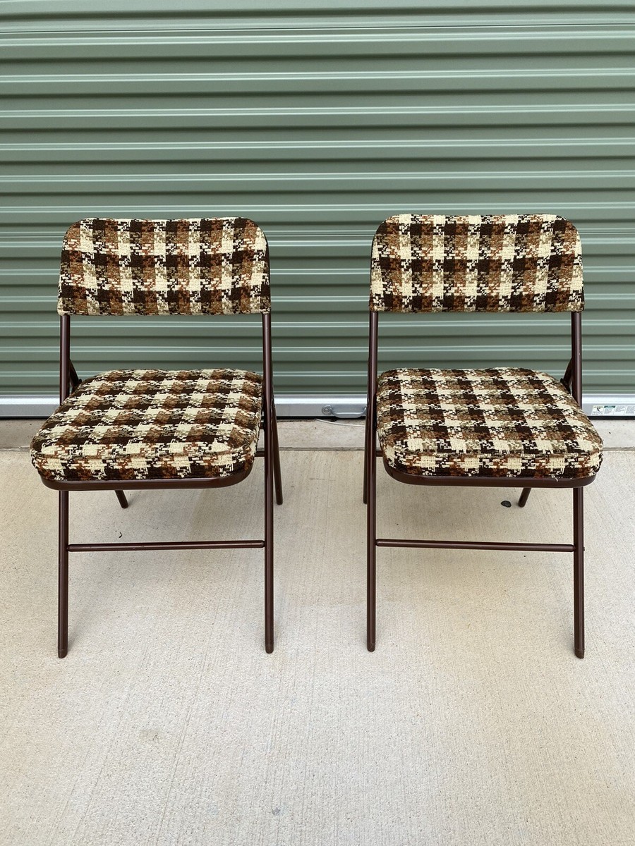 2 Vintage 1979 Samsonite Padded Tweed Houndstooth Folding Chairs